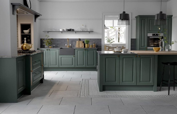 green cabinets with gray floors